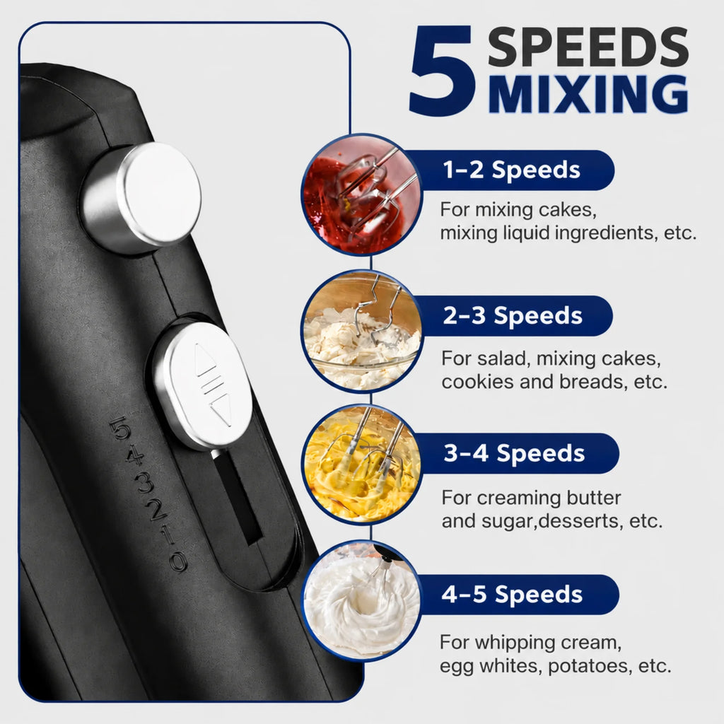 Lord Eagle 5-Speed Hand Mixer Electric, 300W Compact Handheld Mixer, Portable Kitchen Egg Beater with 5 Attachments & Storage Bag, Cake Supplies for Bread Dough Baking, Lightweight, Black