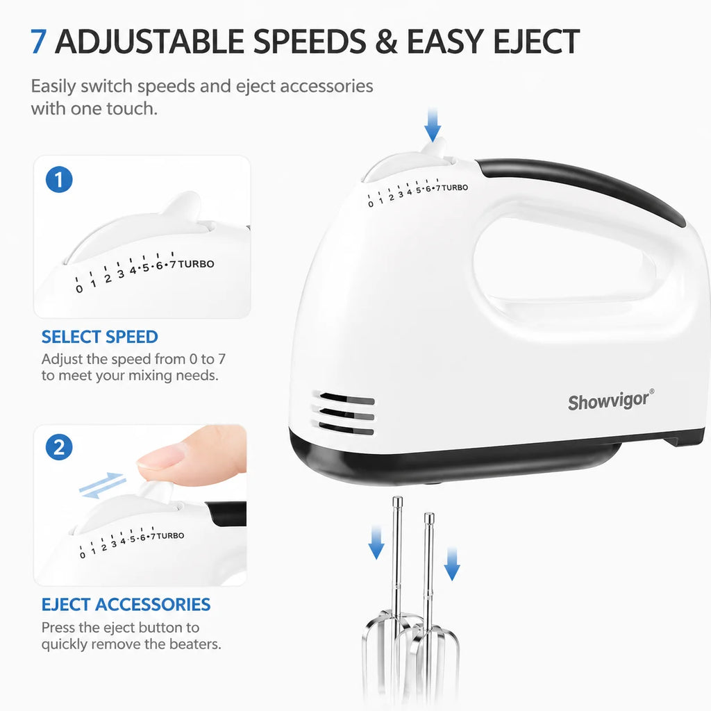 7 Speed Portable Electric Handheld Mixer with 5 Stainless Steel Accessories Whisk Food Beater for Whipping Mixing Cookies Cakes Eggs Pink White