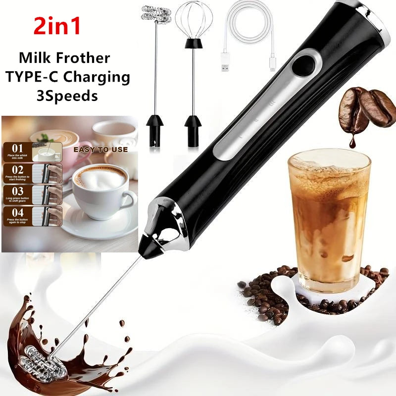 Wireless Electric Milk Frother & Egg Beater, Type-C Rechargeable with 3 Speeds, Mini Handheld Coffee Whisk & Foam Maker, Versatile Cooking Tool