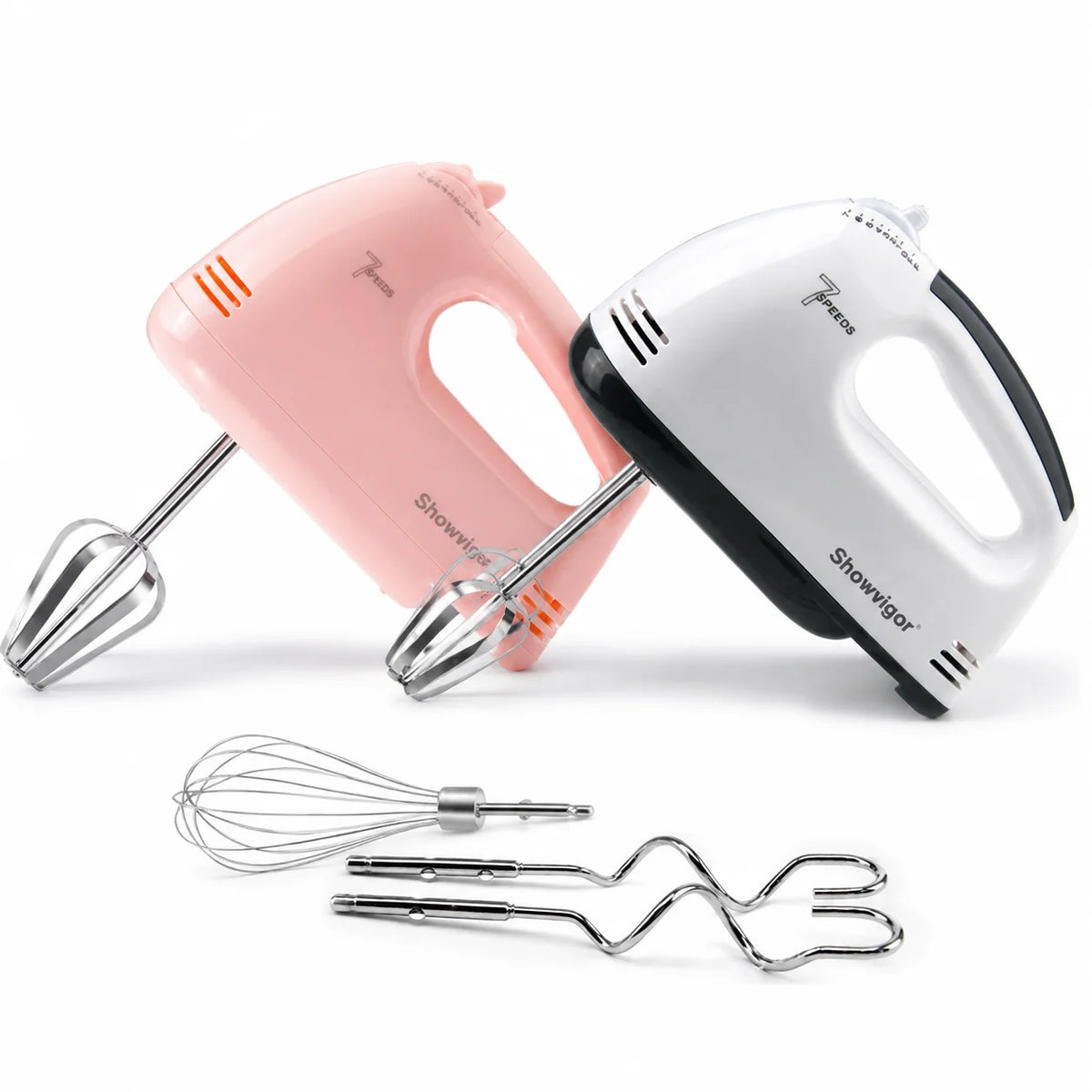 7 Speed Portable Electric Handheld Mixer with 5 Stainless Steel Accessories Whisk Food Beater for Whipping Mixing Cookies Cakes Eggs Pink White